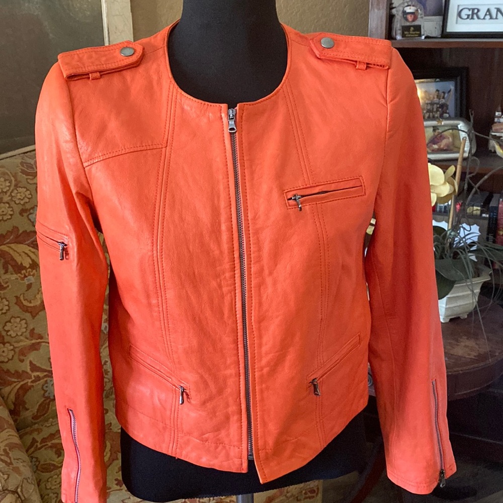Alice + Olivia Orange Coral  Leather MOTO  Jacket Size Small $898